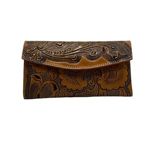 Women’s Yellow Brown Trifold Floral Tooled Leather Wallet